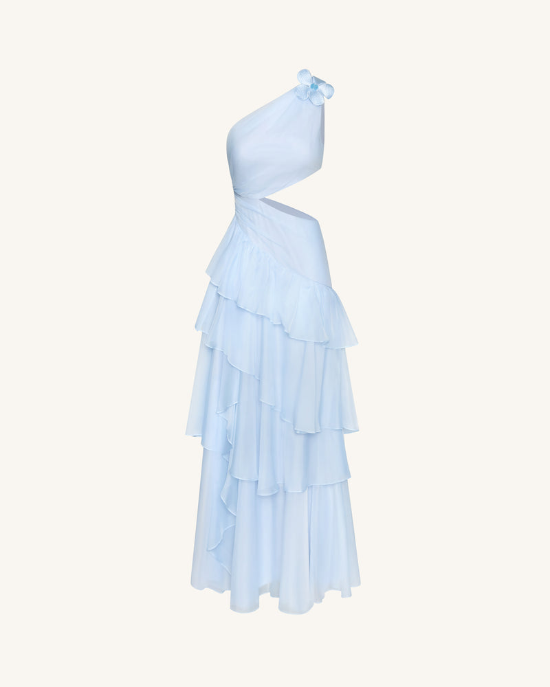 One Shoulder Cutout Ruffle Chiffon Maxi Dress - Blue