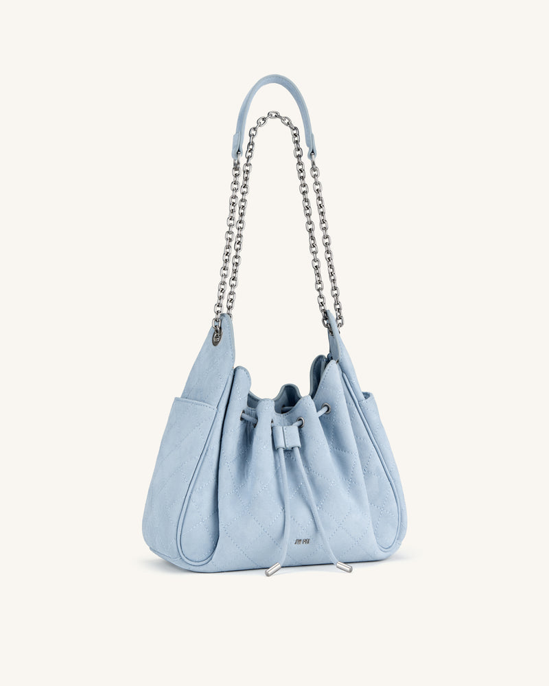 Rowan Faux Suede Quilted Chain Bucket Bag - Blue