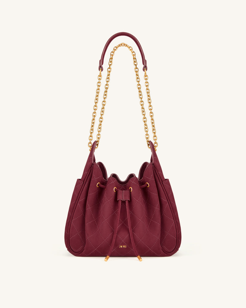 Rowan Faux Suede Quilted Chain Bucket Bag - Dark Red
