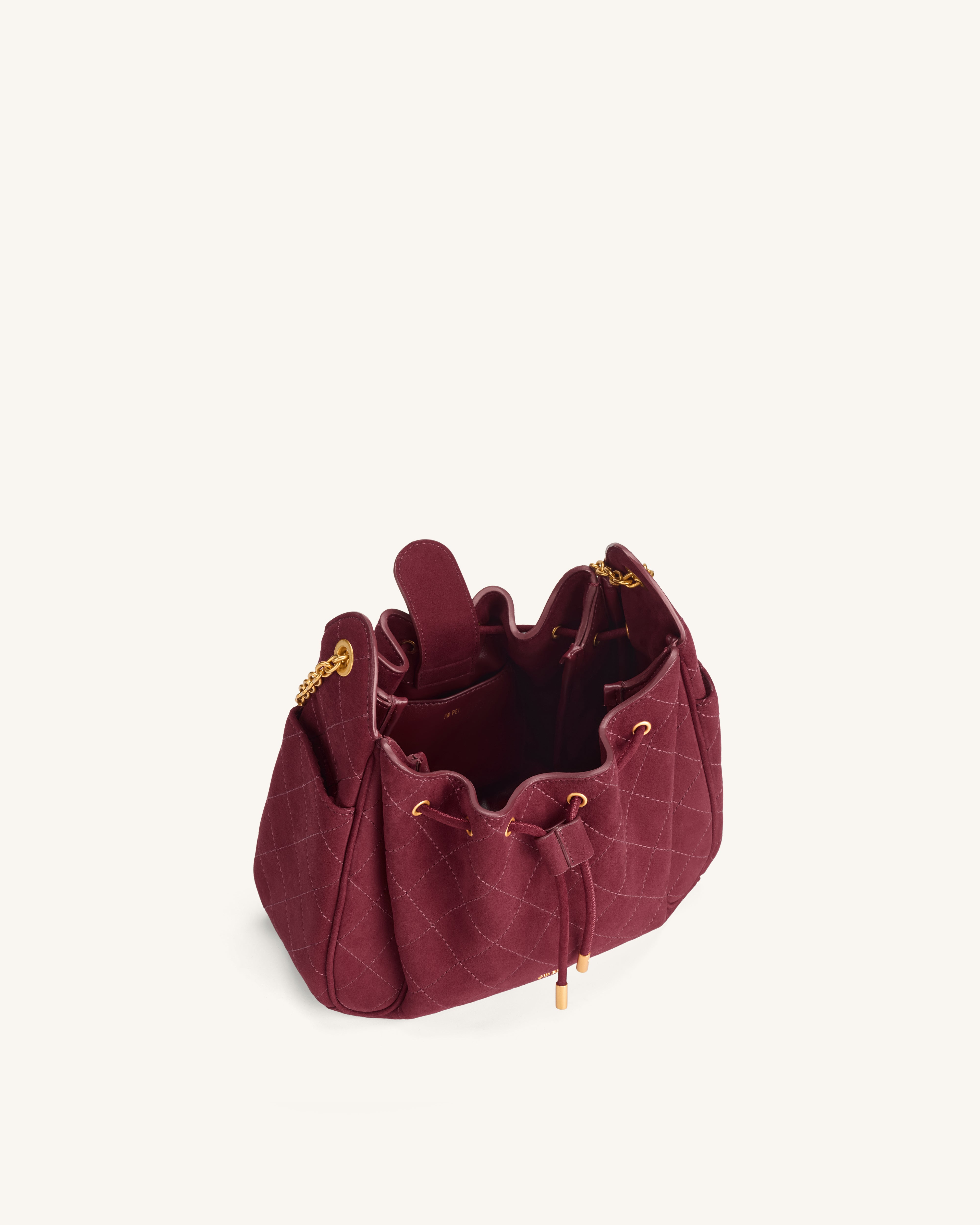 Rowan Faux Suede Quilted Chain Bucket Bag - Dark Red | JW PEI