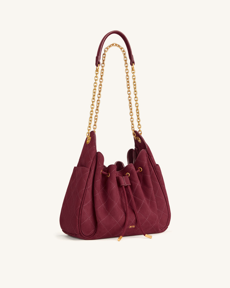 Rowan Faux Suede Quilted Chain Bucket Bag - Dark Red