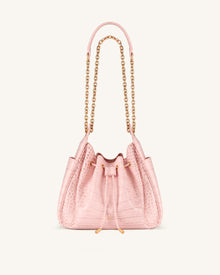 Rowan Ruched Drawstring Chain Bucket Bag - Pink Croc