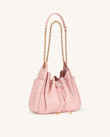 Rowan Ruched Drawstring Chain Bucket Bag - Pink Croc
