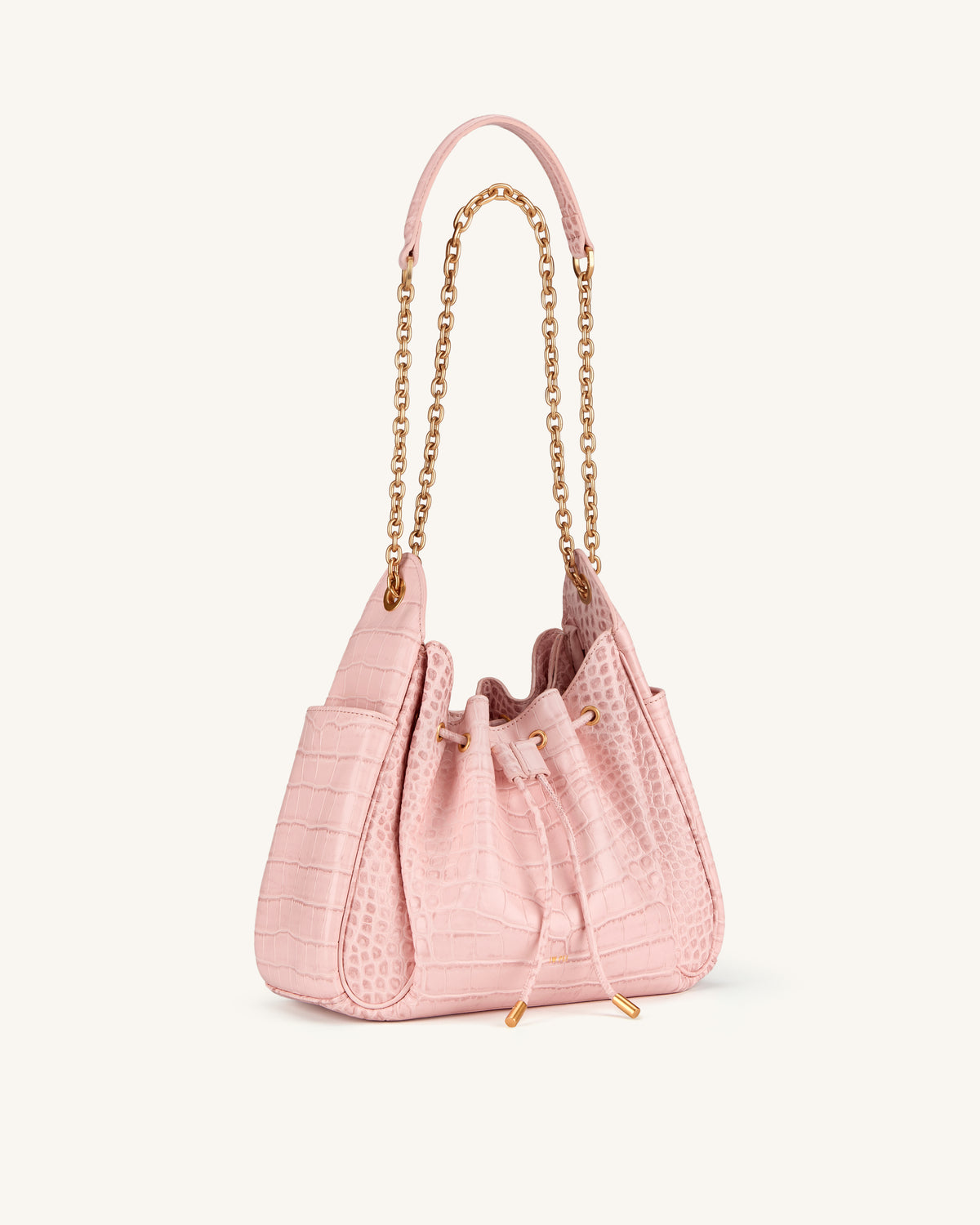 Rowan Ruched Drawstring Chain Bucket Bag - Pink Croc