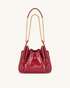 Rowan Ruched Drawstring Chain Bucket Bag - Dark Red Croc