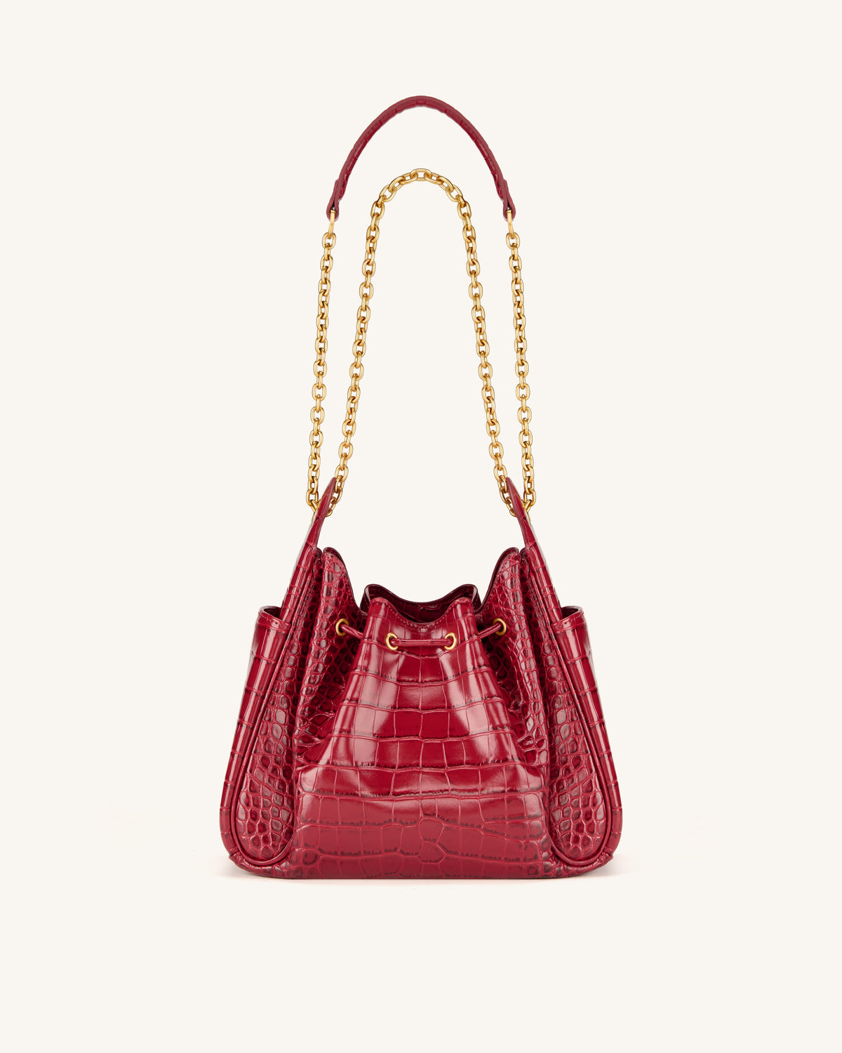 Rowan Ruched Drawstring Chain Bucket Bag - Dark Red Croc