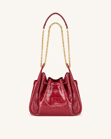 Rowan Ruched Drawstring Chain Bucket Bag - Dark Red Croc