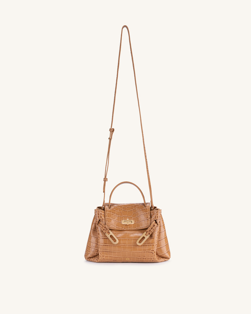 Rhea Small Double Buckle Shoulder Bag - Light Brown Croc