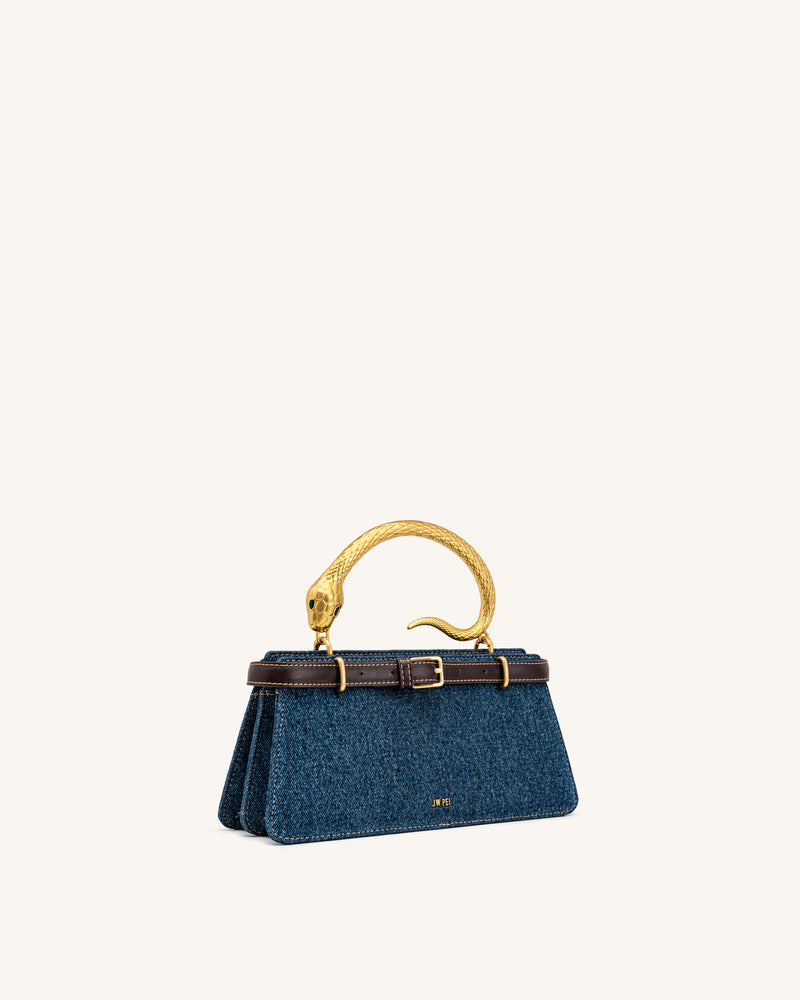 Elena Snake Handle Top Handle Bag - Dark Blue Denim