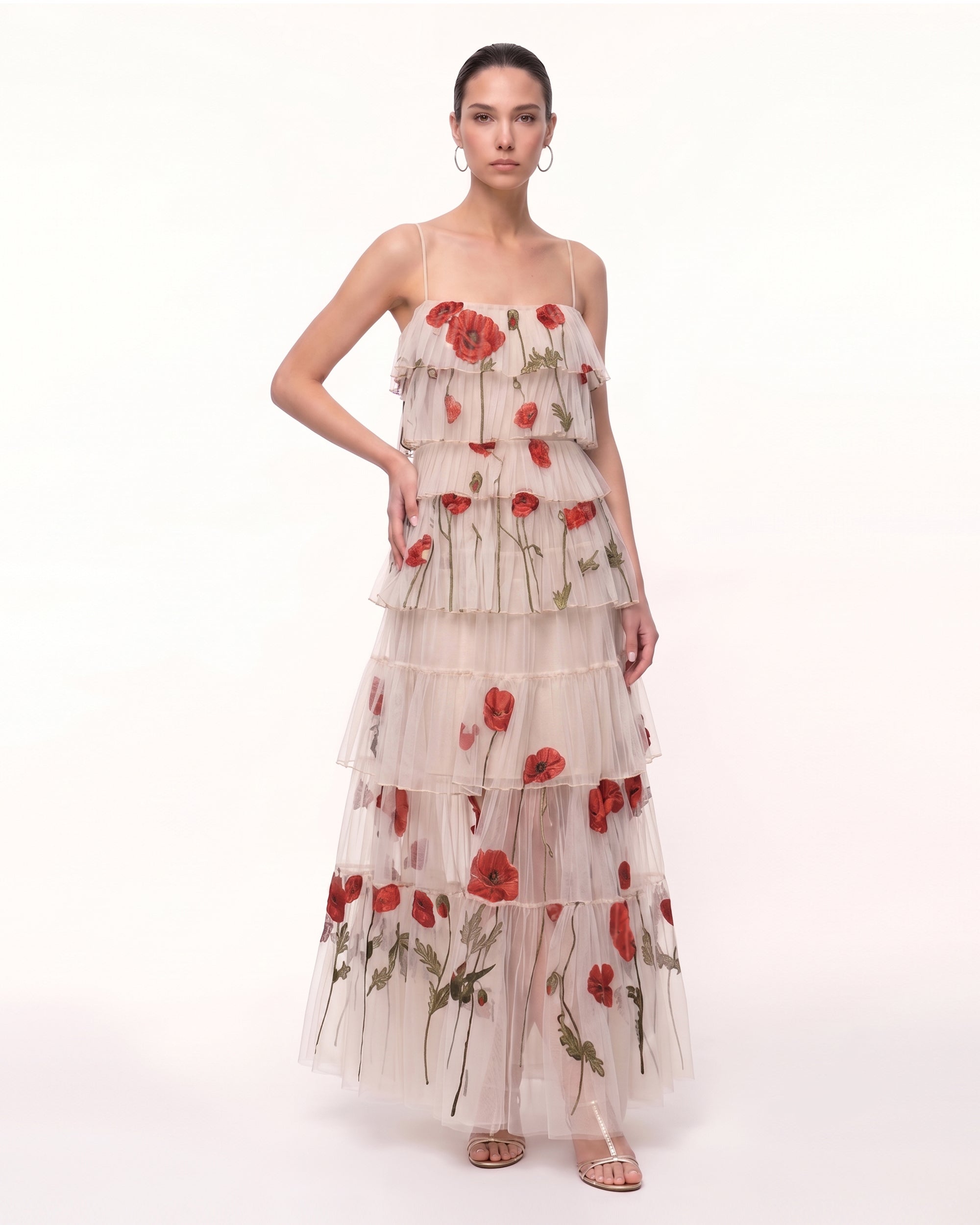 Corn Poppy Tiered Tulle Maxi Dress - Blush Nude