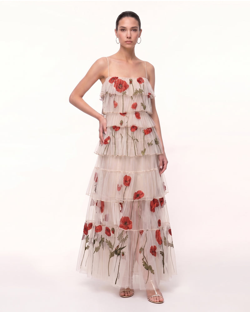 Corn Poppy Tiered Tulle Maxi Dress - Blush Nude