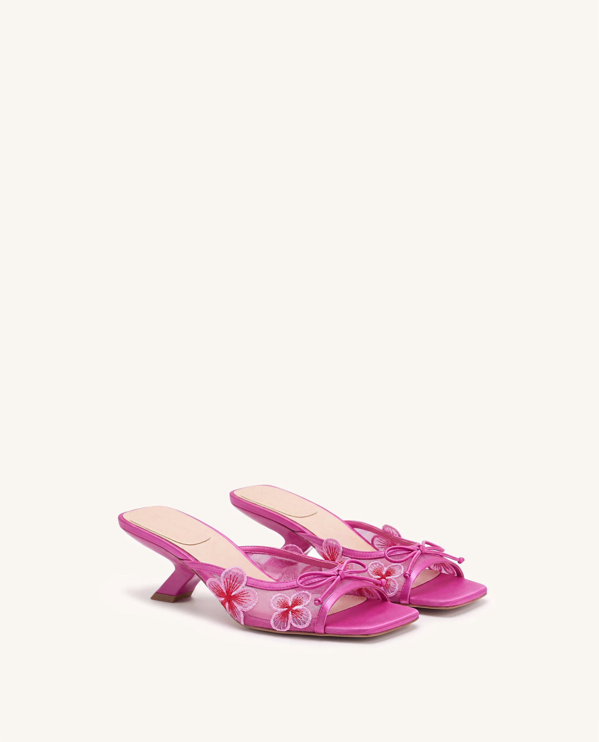 Mireille Bow Floral Embroidered Appliqué Mesh Heeled Sandals - Rose Red