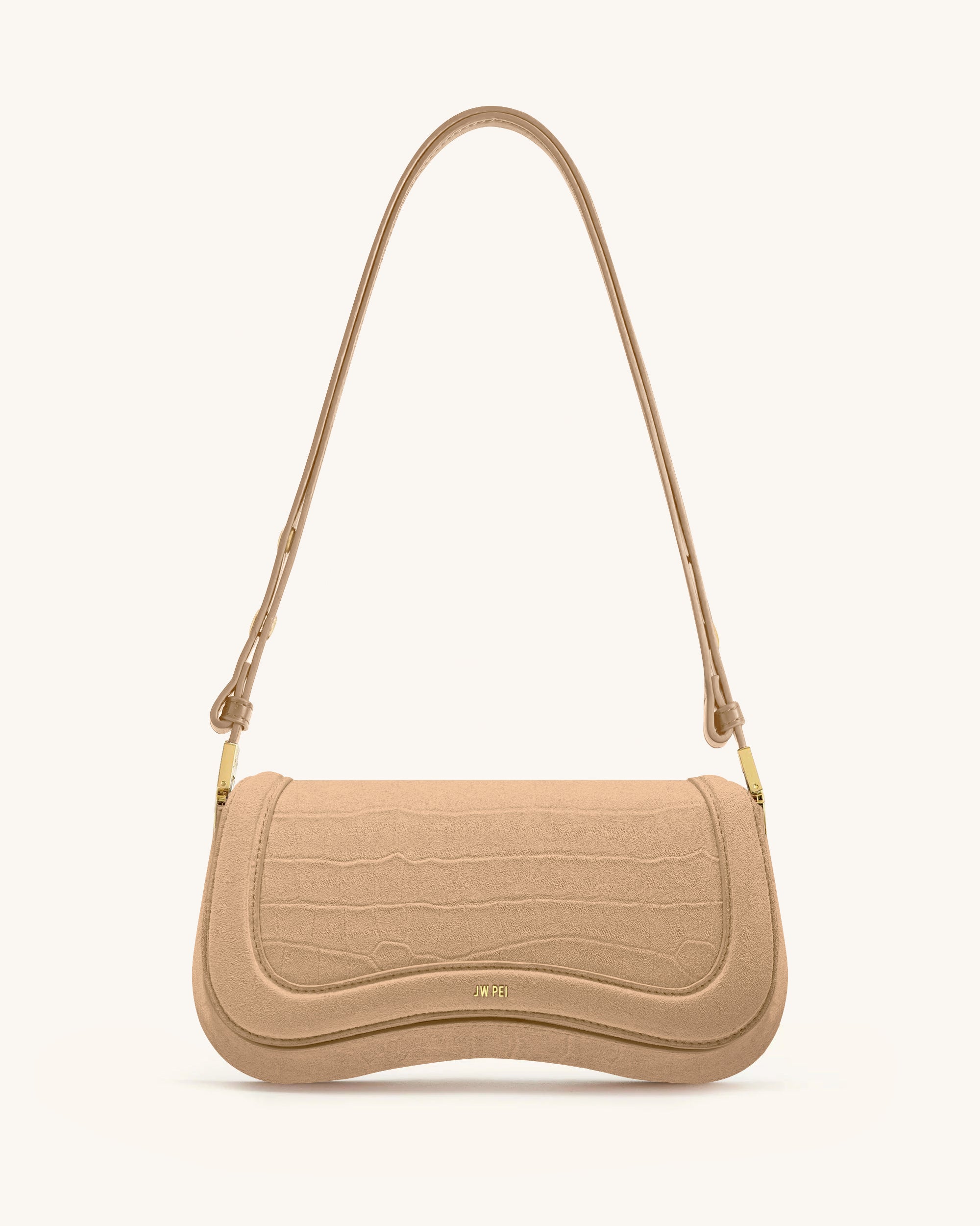 Joy Croc-Embossed Faux Suede Shoulder Bag - Beige