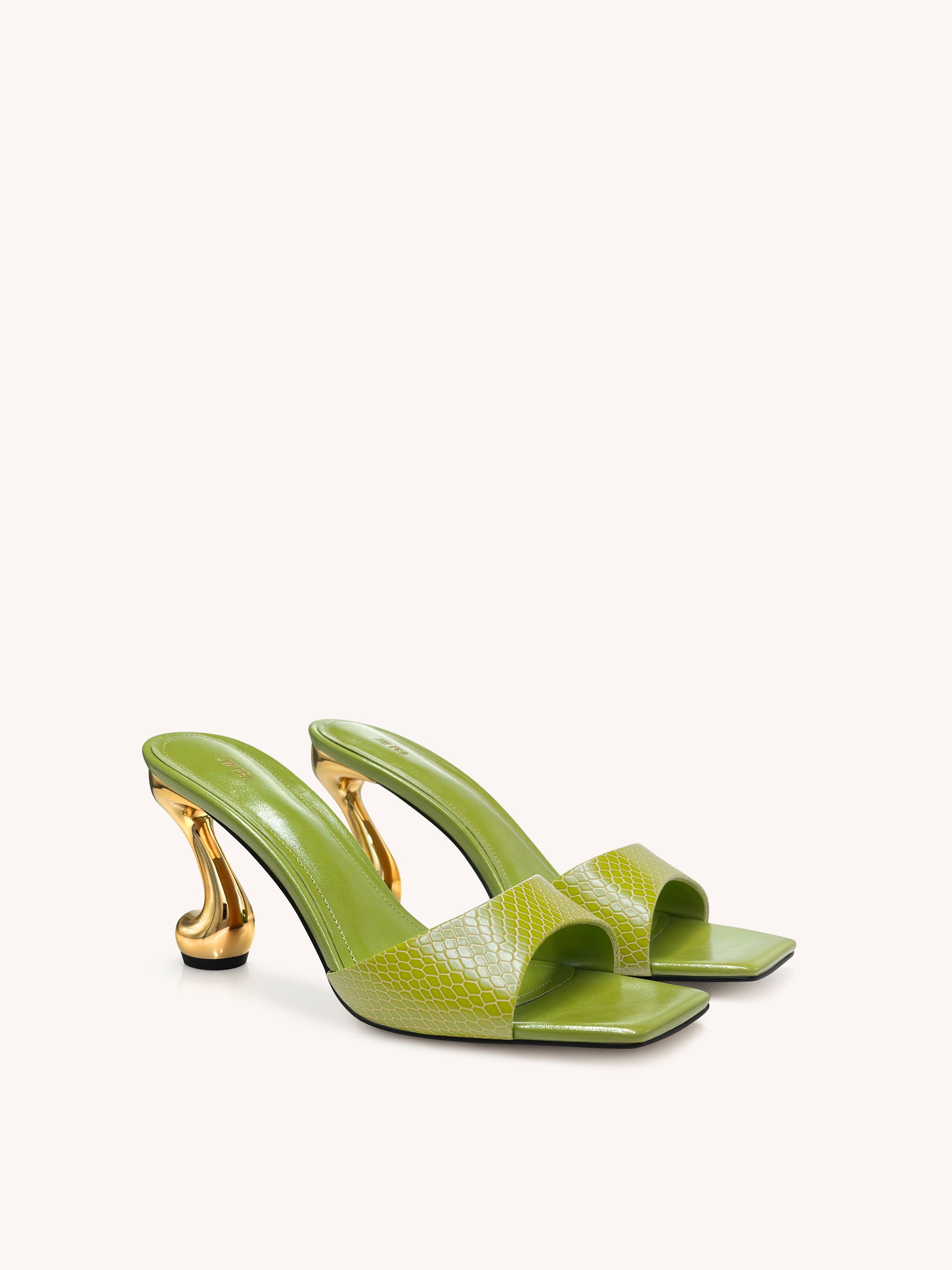 Hannah Snakeskin Heel Mules - Green