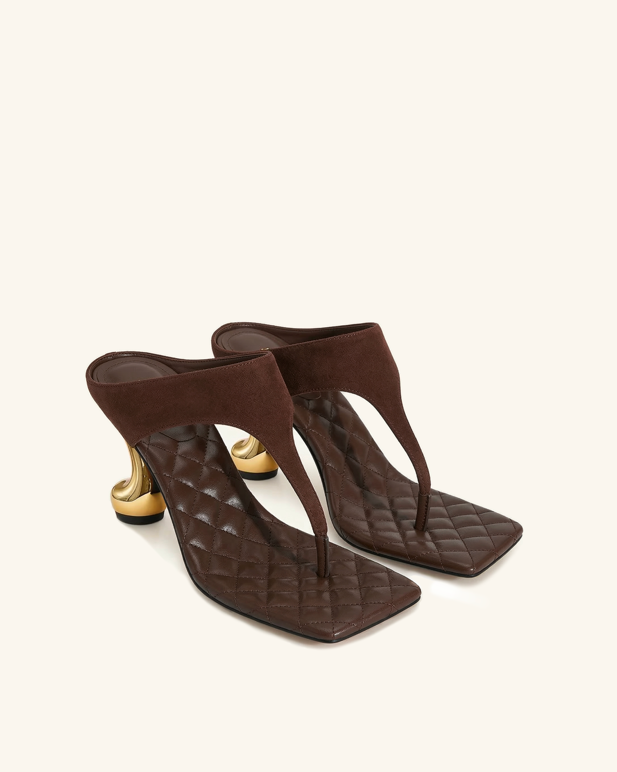 Hannah Quilted suede Thong Heel Mules - Brown