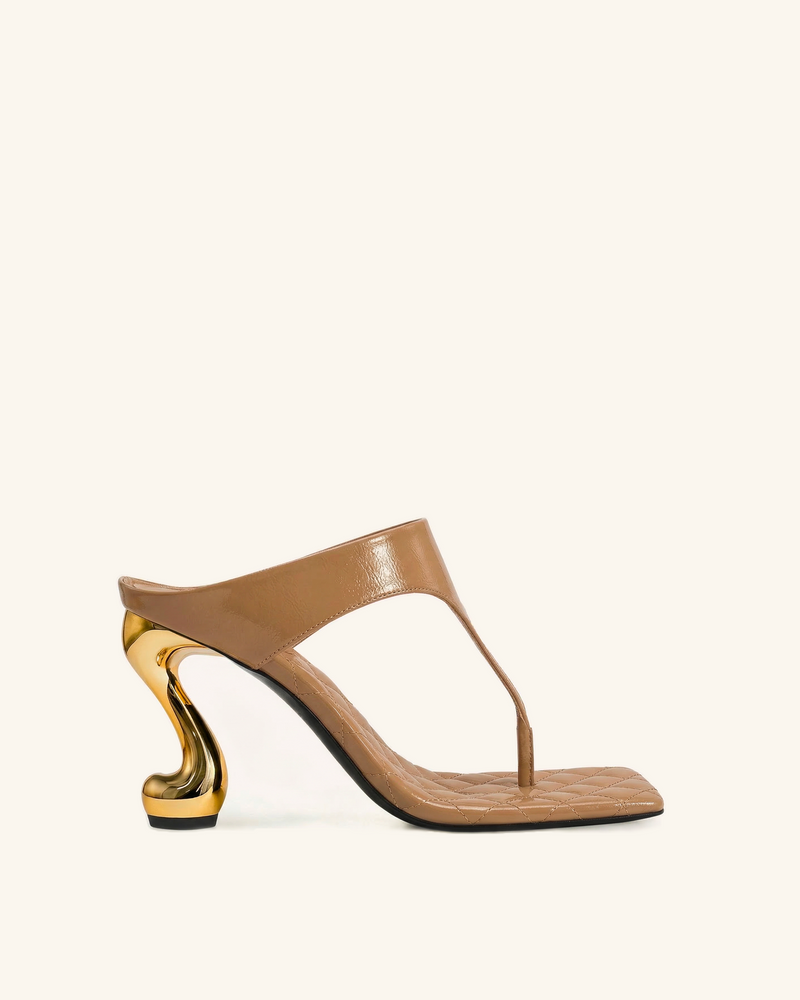 Hannah Quilted Thong Heel Mules - Khaki