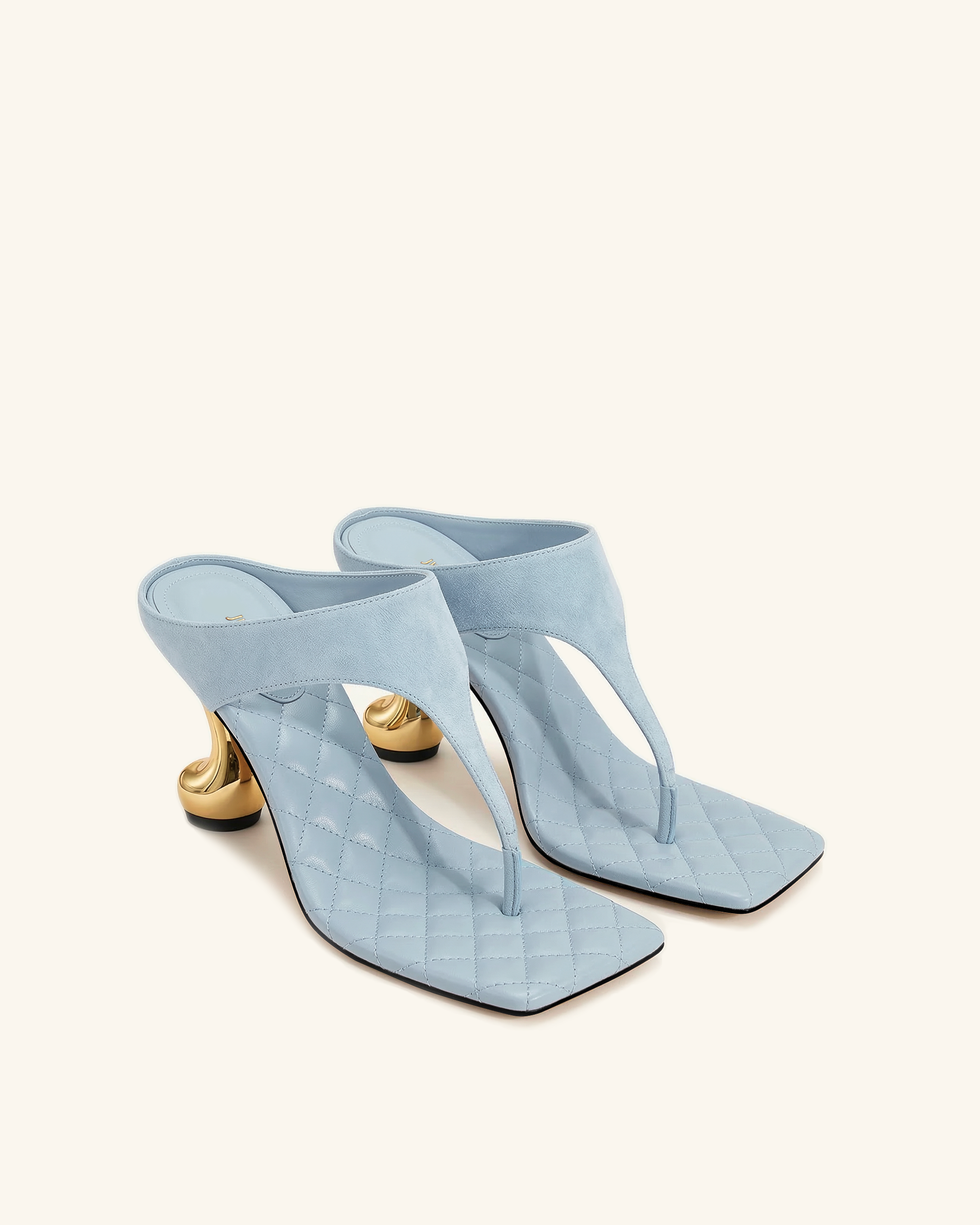 Hannah Quilted suede Thong Heel Mules - Blue