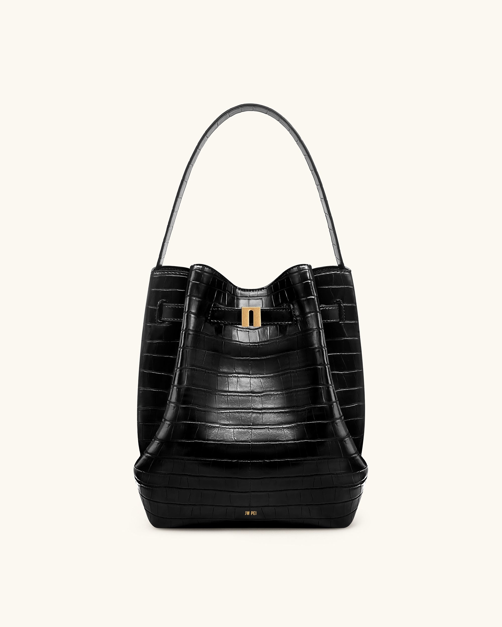 Clara Lock Accent Bucket Shoulder Bag - Black Croc | JW PEI