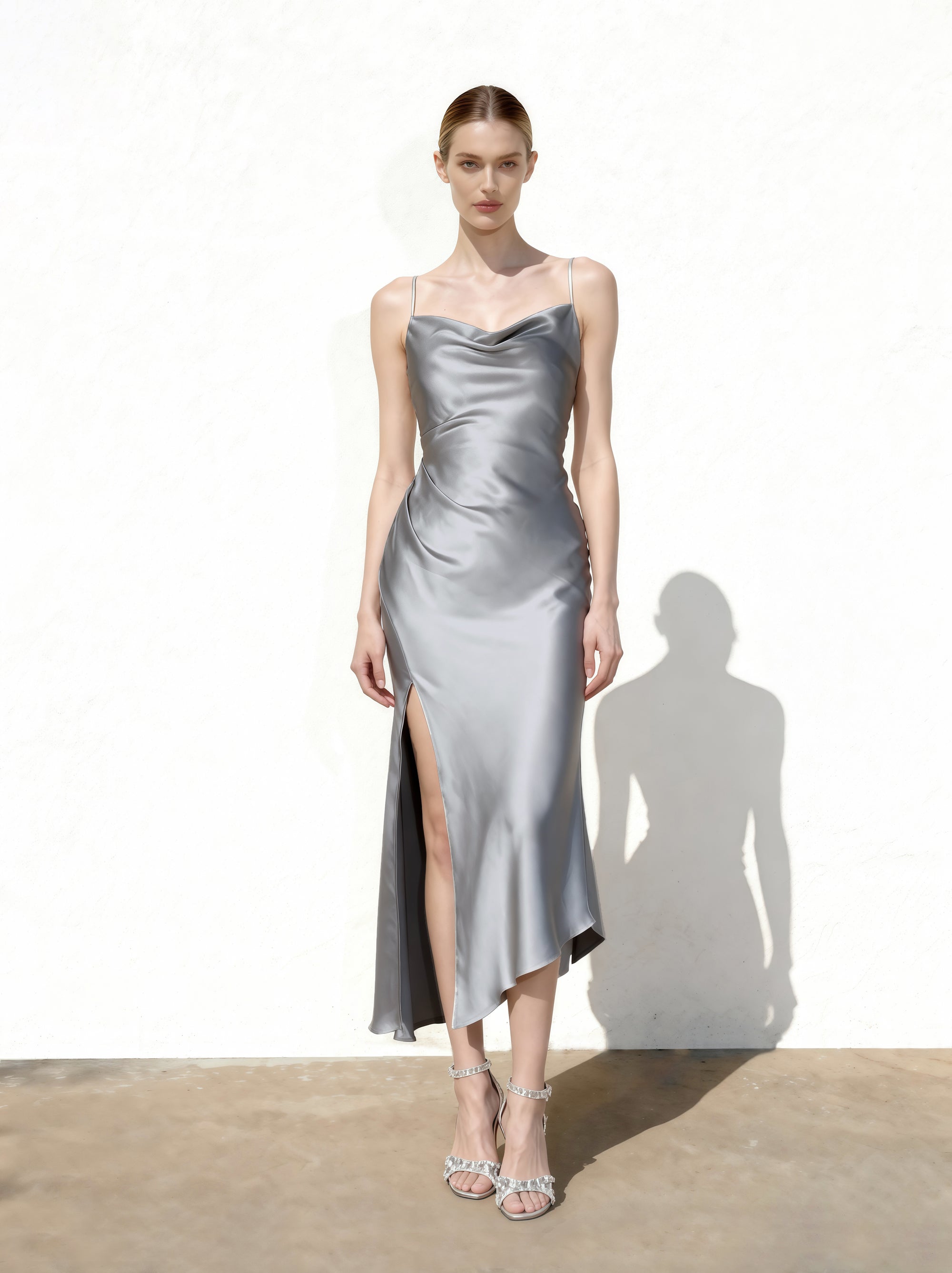 Liquid Satin Cowl-Slit Gown - Silver 4 | US Liquid Satin Cowl-Slit Gown - Silver 4 | US