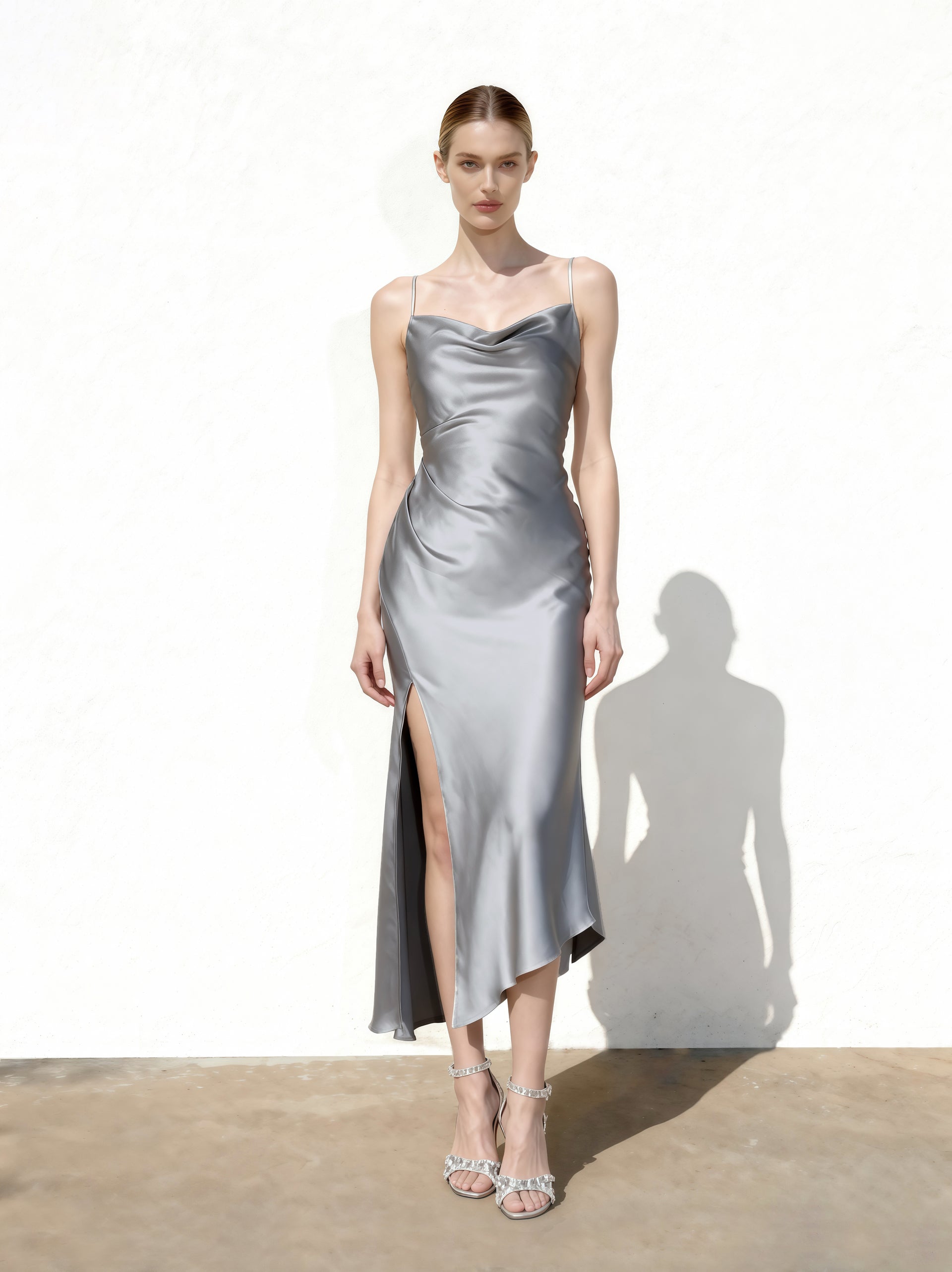 silver satin dress Liquid Cowl-Slit Gown - Mens Long Sleeves The Handmaid's Tale Completely This fitted dress showcases Colors:Rose Blush