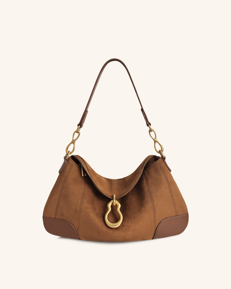 Jayla Faux Suede Metal Pendant Embellished Shoulder Bag - Brown