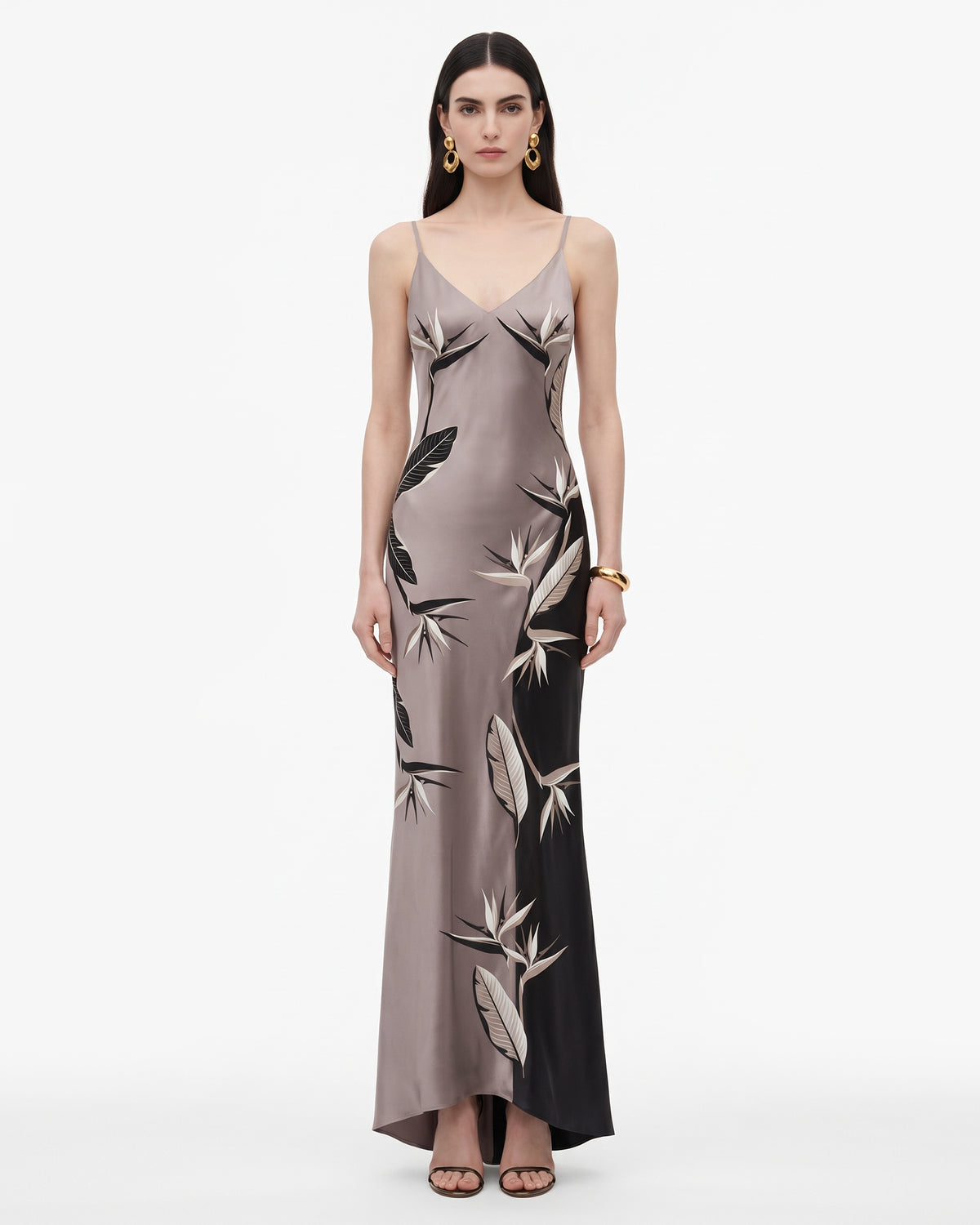 Bird Of Paradise Print V-Neck Satin Cami Maxi Dress - Taupe