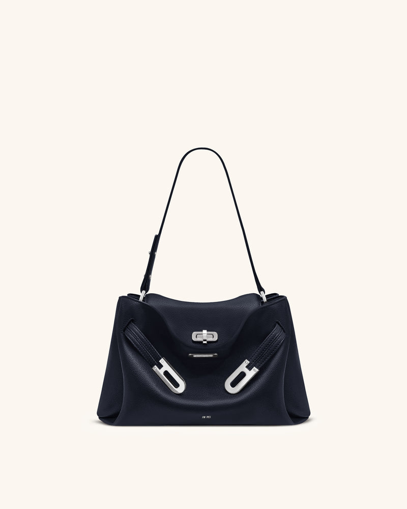 Rhea Pebbled Double Buckle Shoulder Bag - Navy Blue