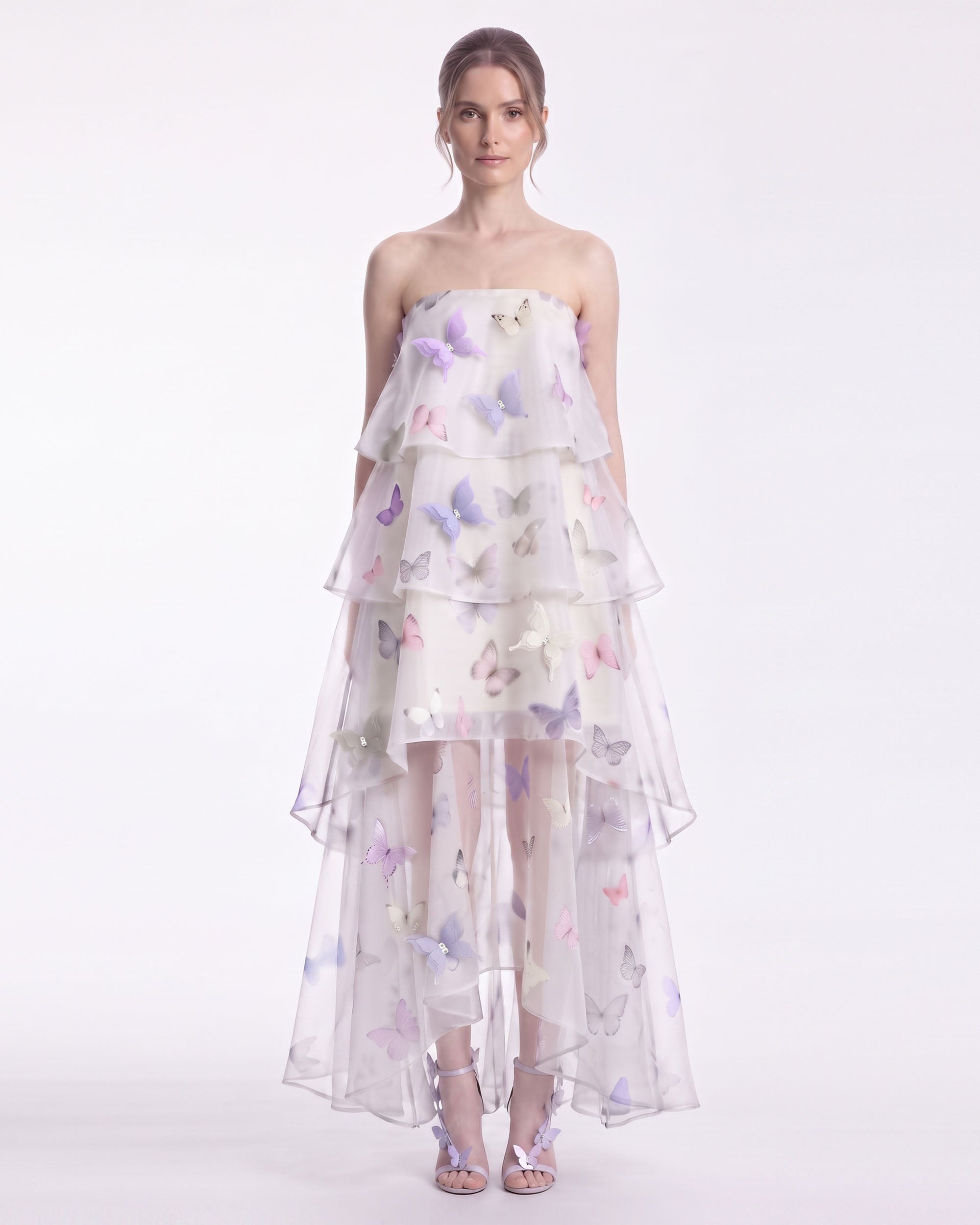 Butterfly Appliqué Tiered Strapless High-Low Dress - Ivory