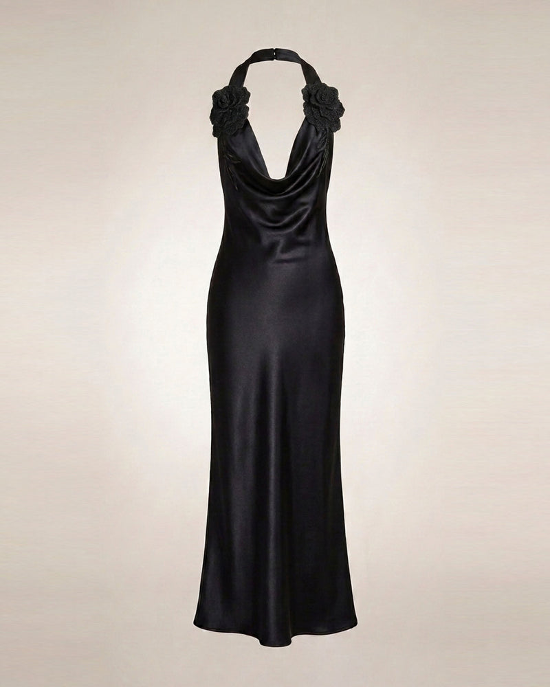 Flower Embroidered Cowl Halter Maxi Dress - Black