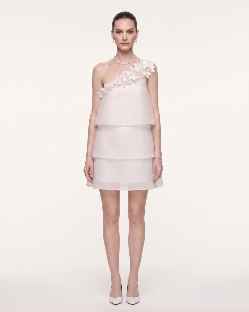 3D Floral Appliqué One-Shoulder Tiered Mini Dress - Ivory