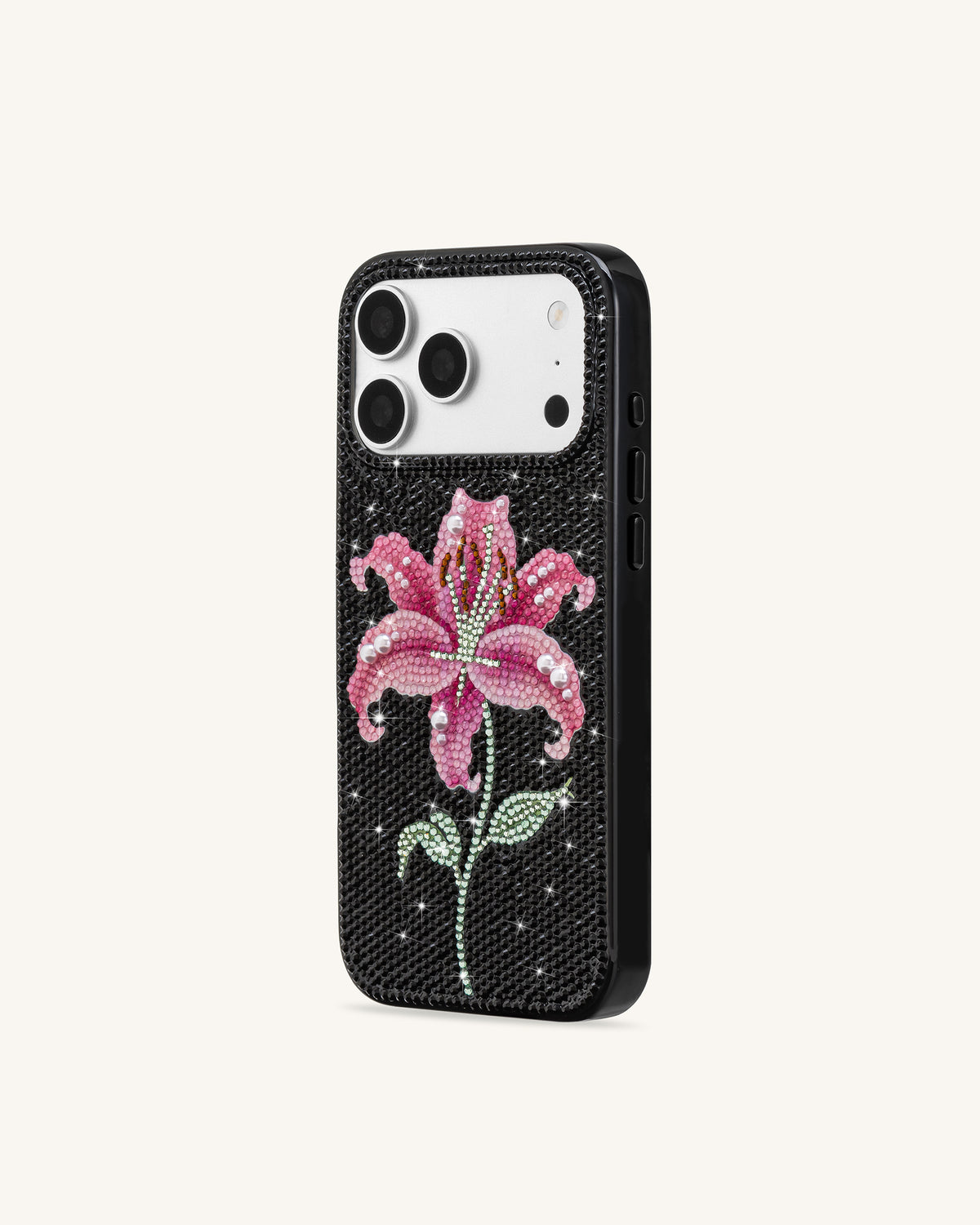Pink Lily Artificial Crystal Phone Case - Black