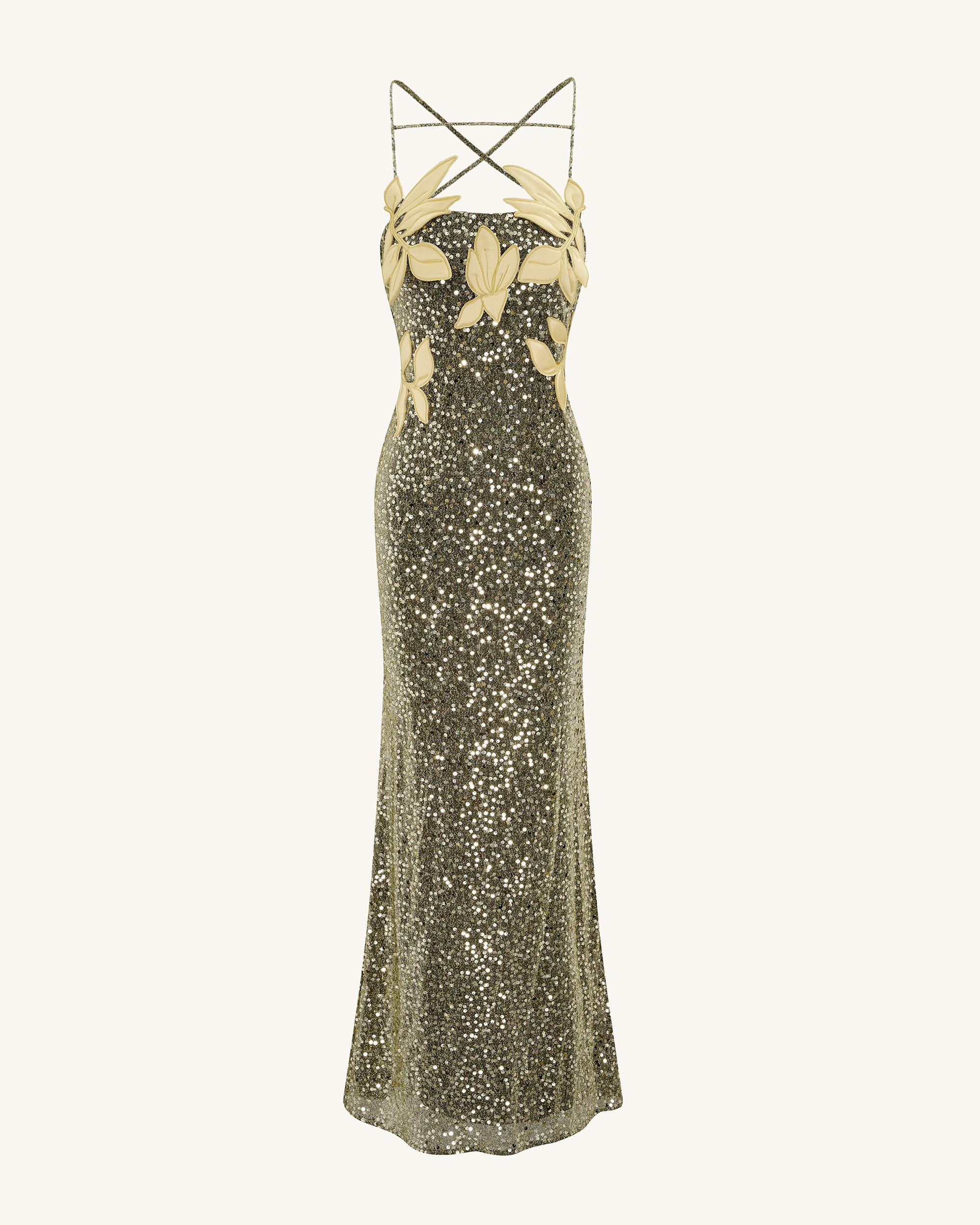 Araminta Sequined Gown with Floral Details - Gold 10 | UK Araminta Sequined Gown with Floral Details - Gold 10 | UK