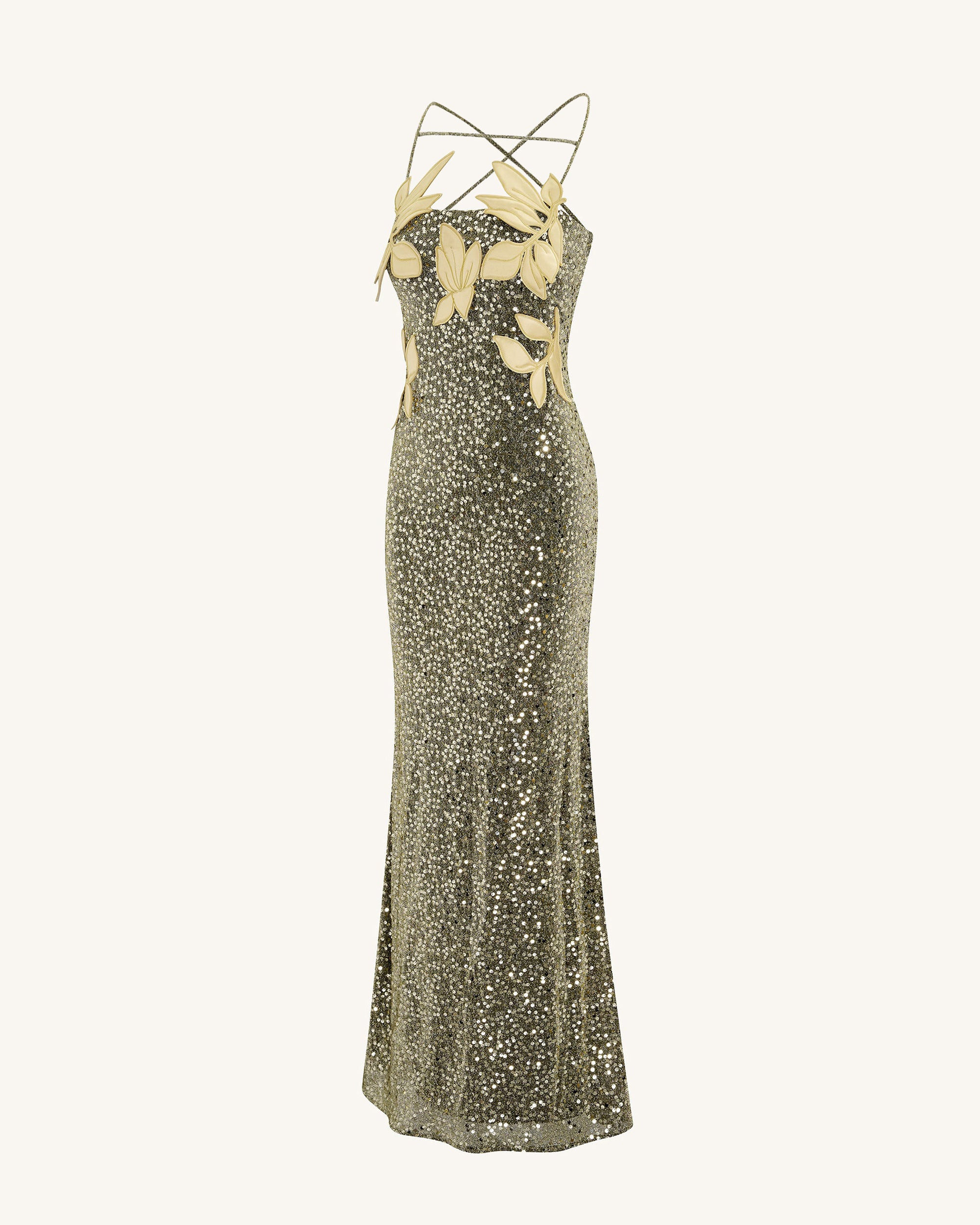 Araminta Sequined Gown with Floral Details - Gold | JW PEI Araminta Sequined Gown with Floral Details - Gold | JW PEI