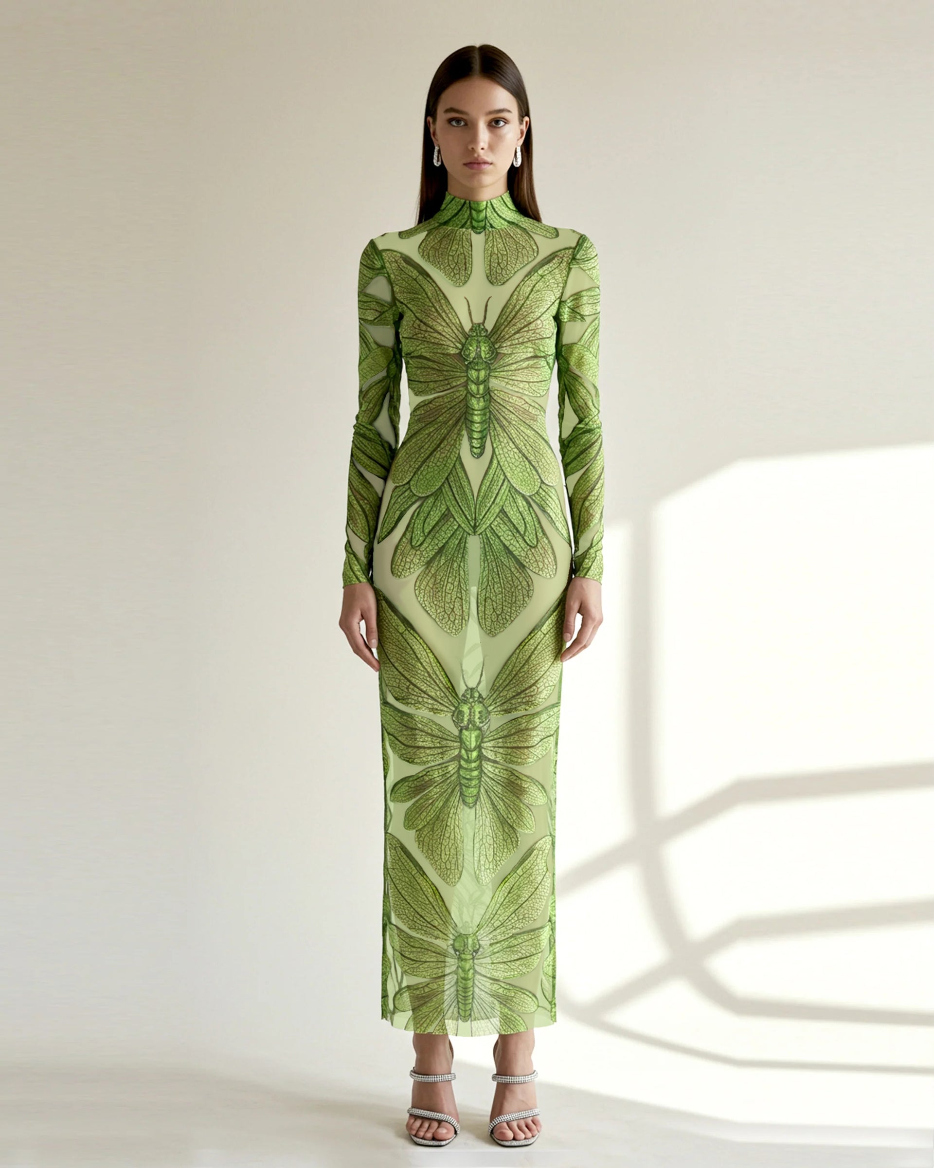 Emerald Dragonfly Sheer Mesh Gown - Green