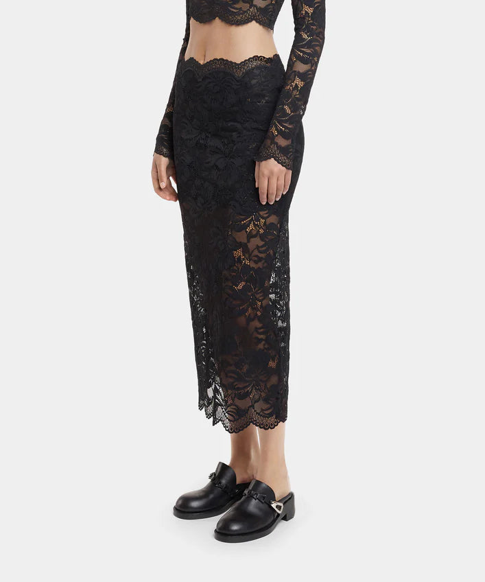 Scalloped Sheer Lace Skirt – Black