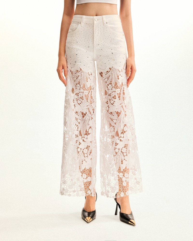 Embroidery High Rise Wide Leg Lace Denim Jeans With Rhinestone - White