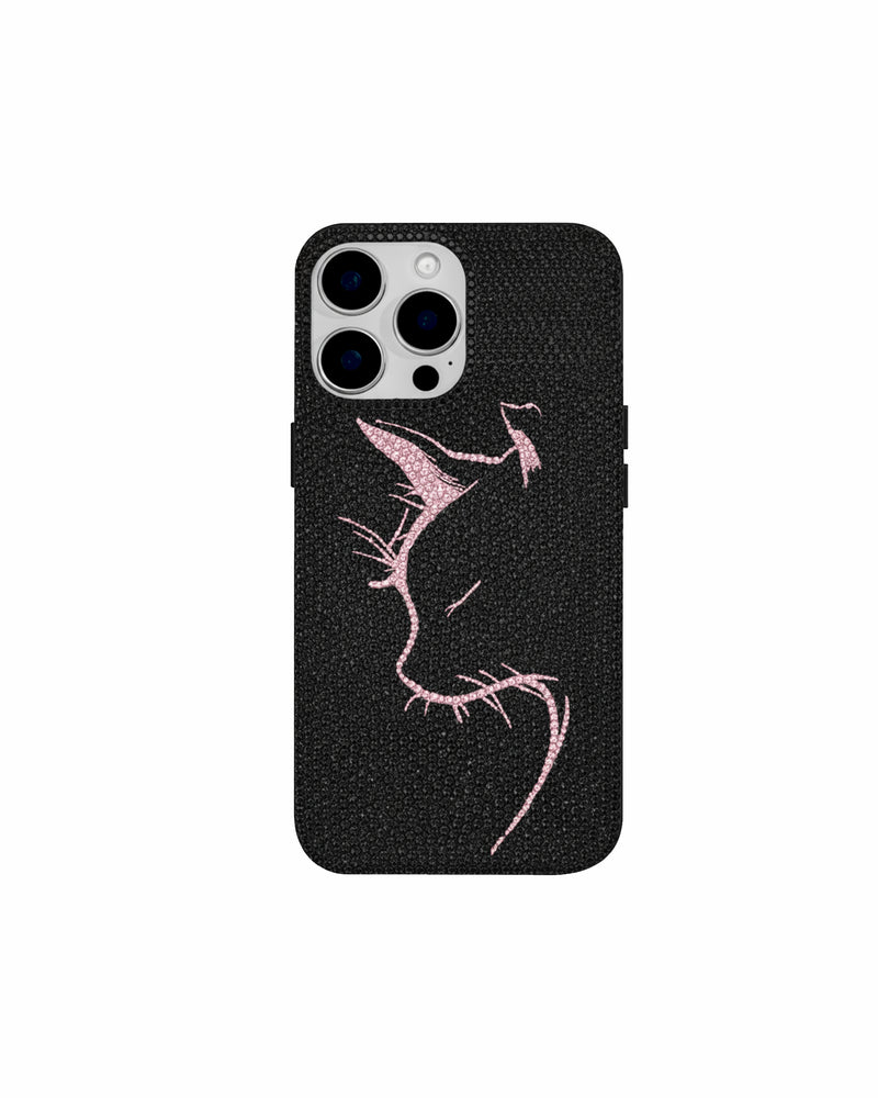 Artificial Crystal Cat Outline Phone Case – Black