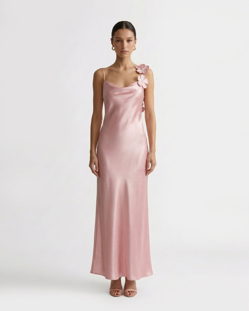Floral Appliqué Satin Dress - Light Pink