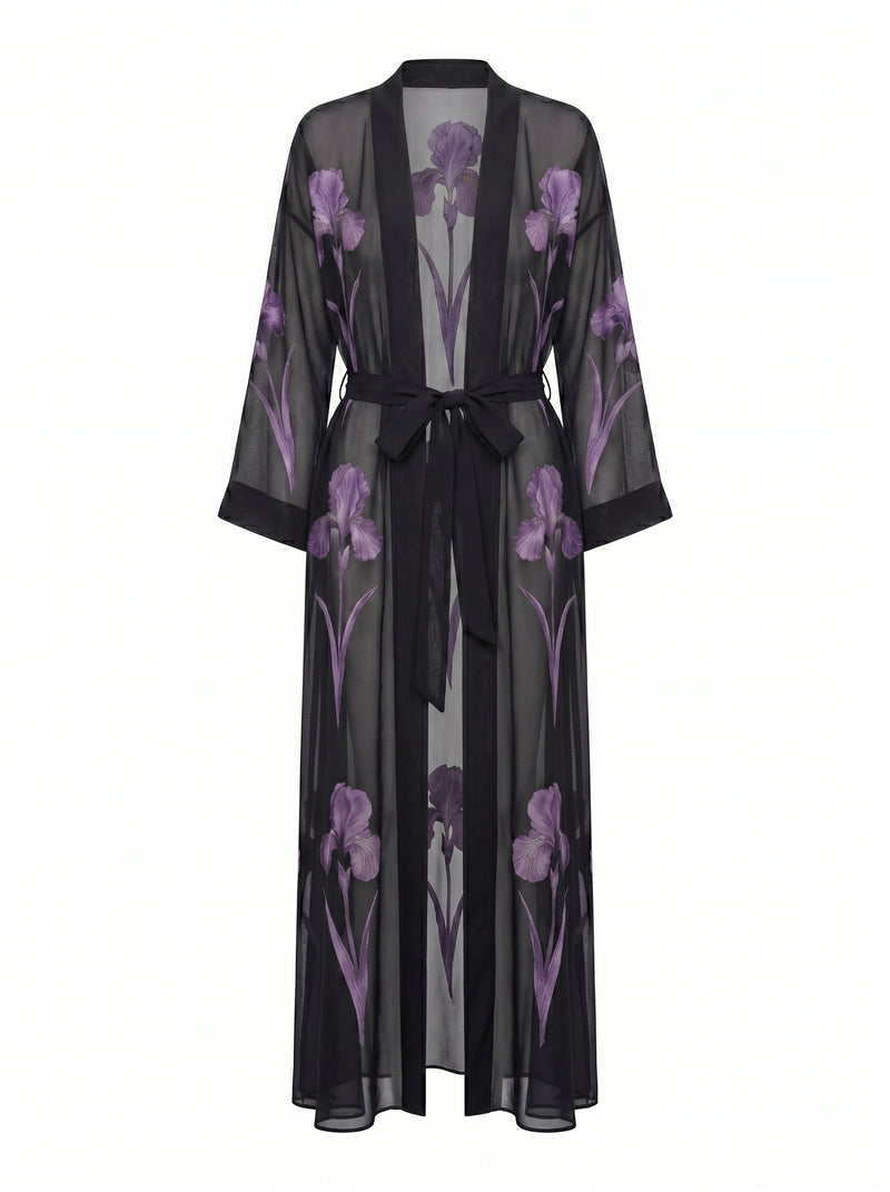 Iris Print Sheer Belted Longline Kimono - Black/Purple