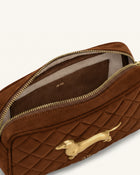 Riley Faux Suede Dachshund Quilted Shoulder Bag - Caramel Brown