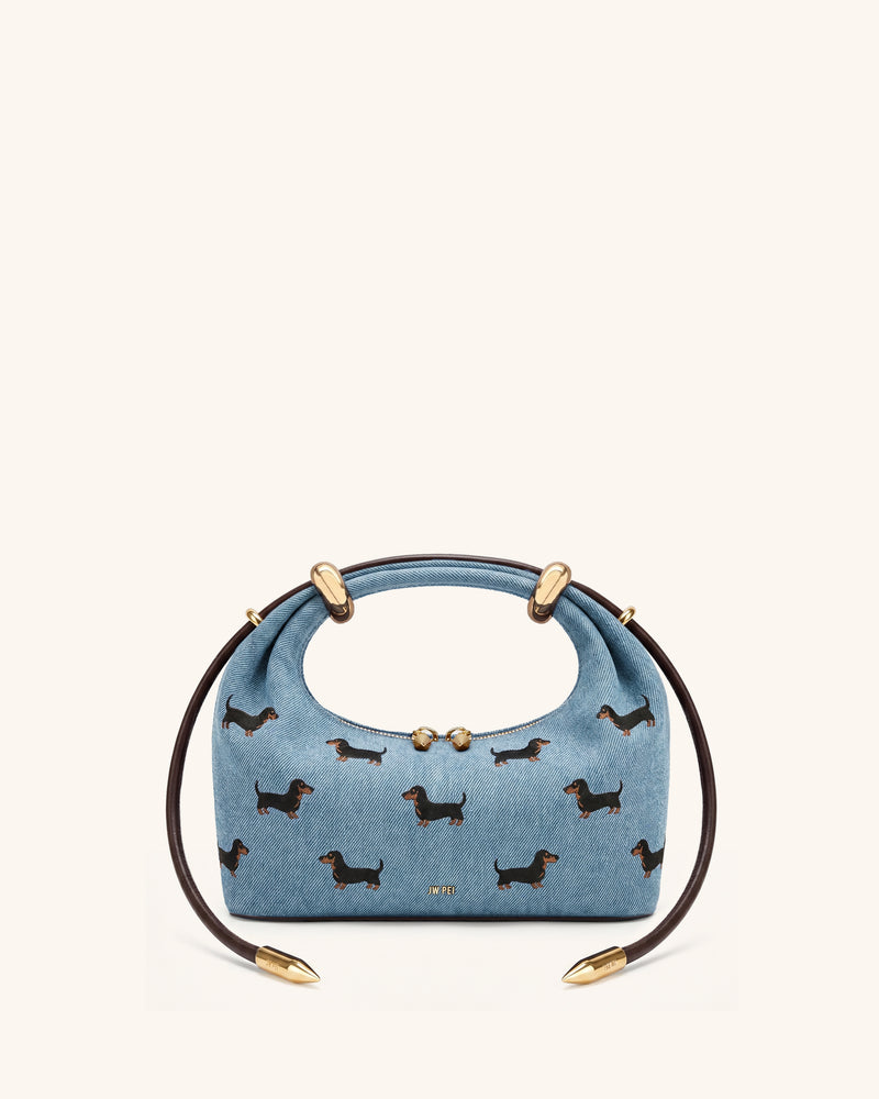 Ellie Embroidery Metal Ring Embellished Top Handle Bag - Vintage Blue Denim