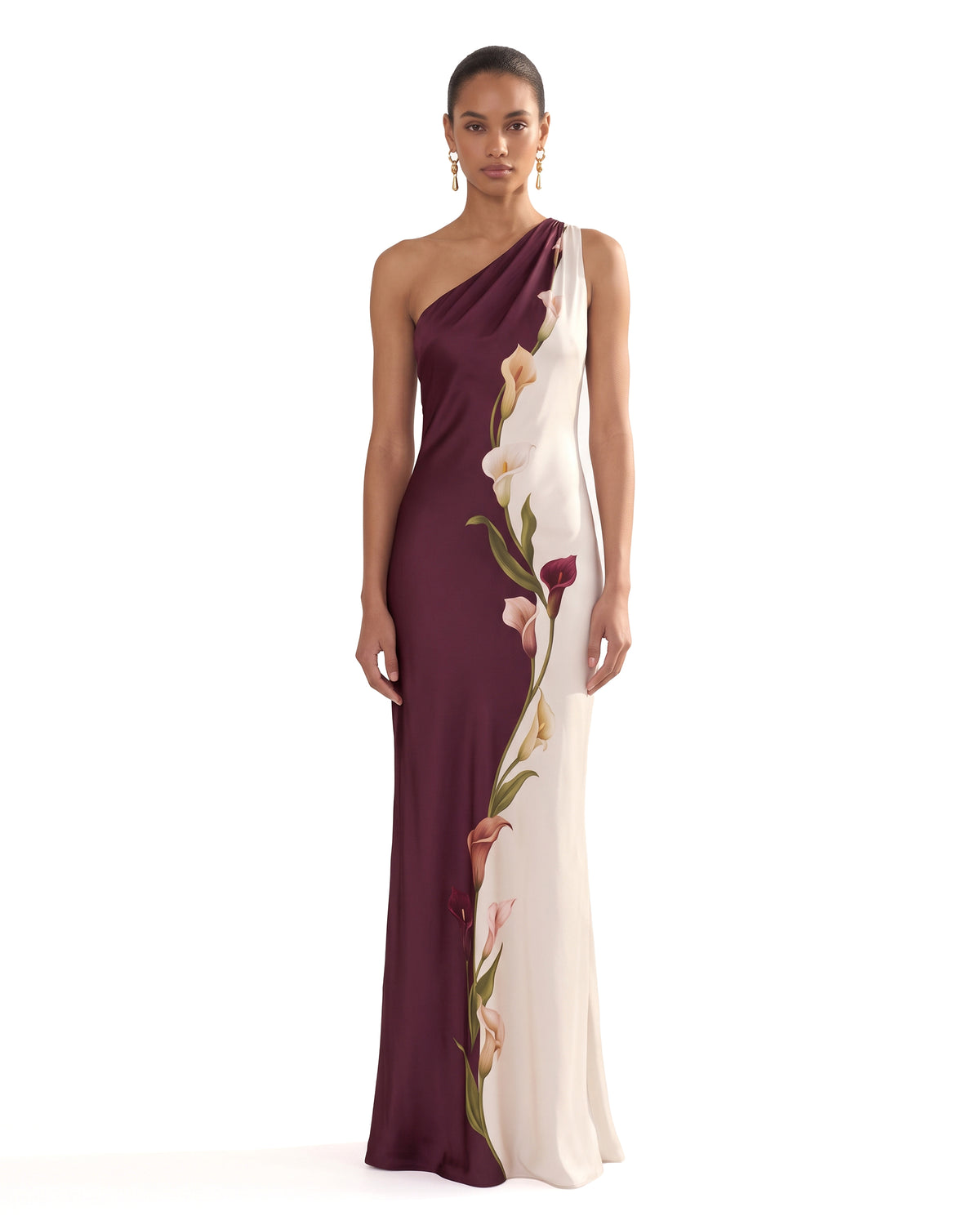 Calla Lily Printed One-Shoulder Satin Maxi Dress - Plum
