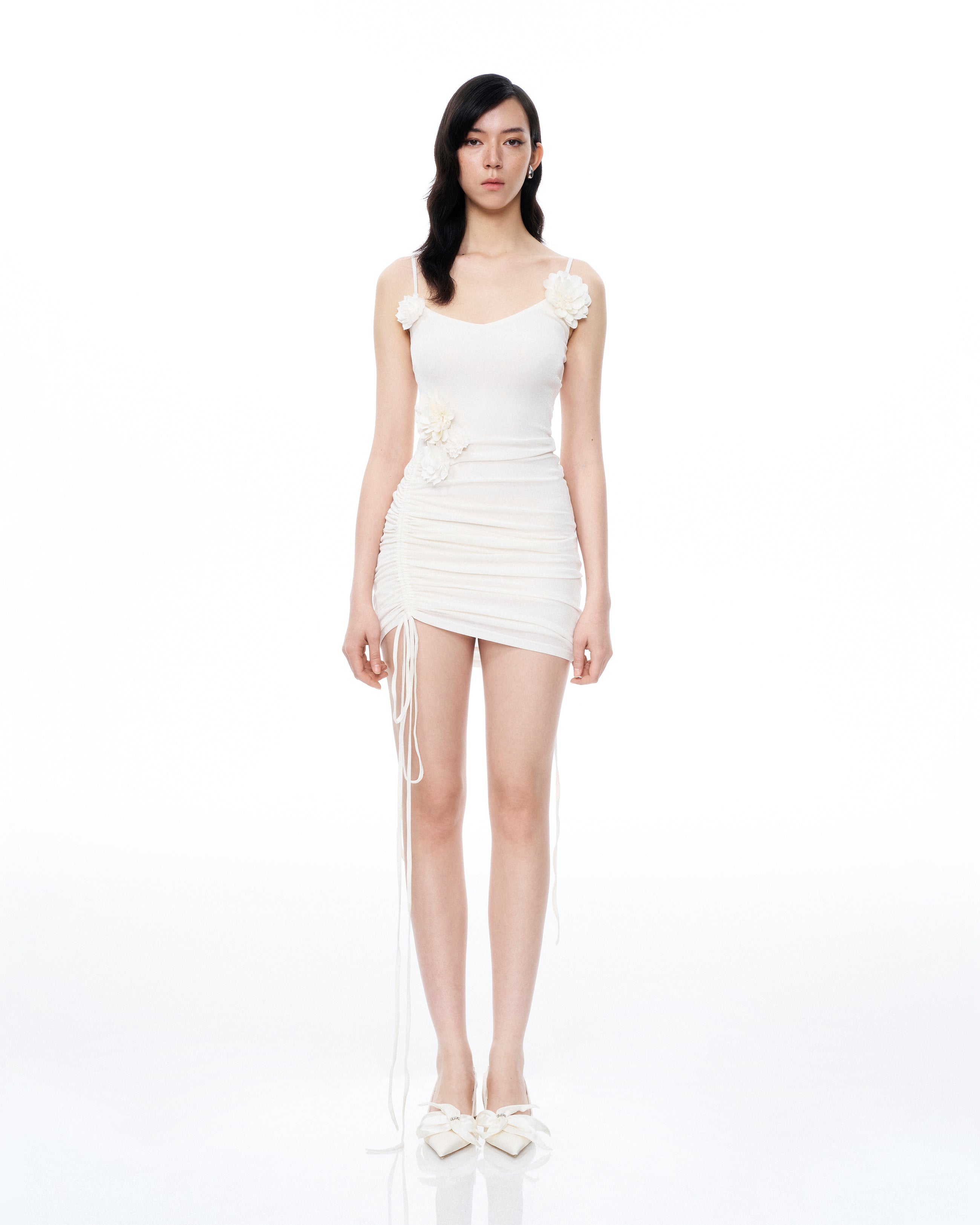 Luciana 3D Floral Pleats Mini Dress - White
