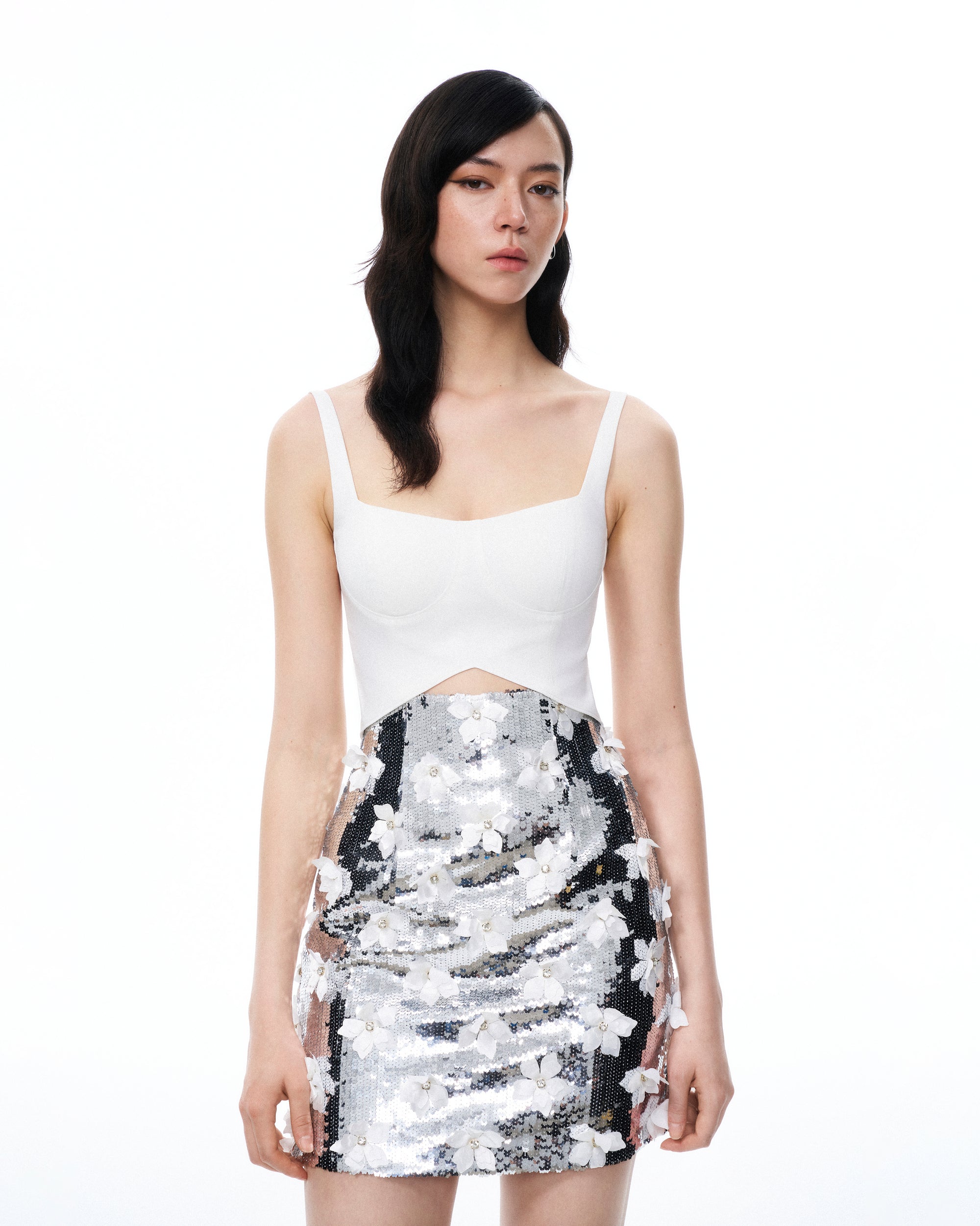 Arabella 3D Floral Sequin Embroidered Mini Dress - White
