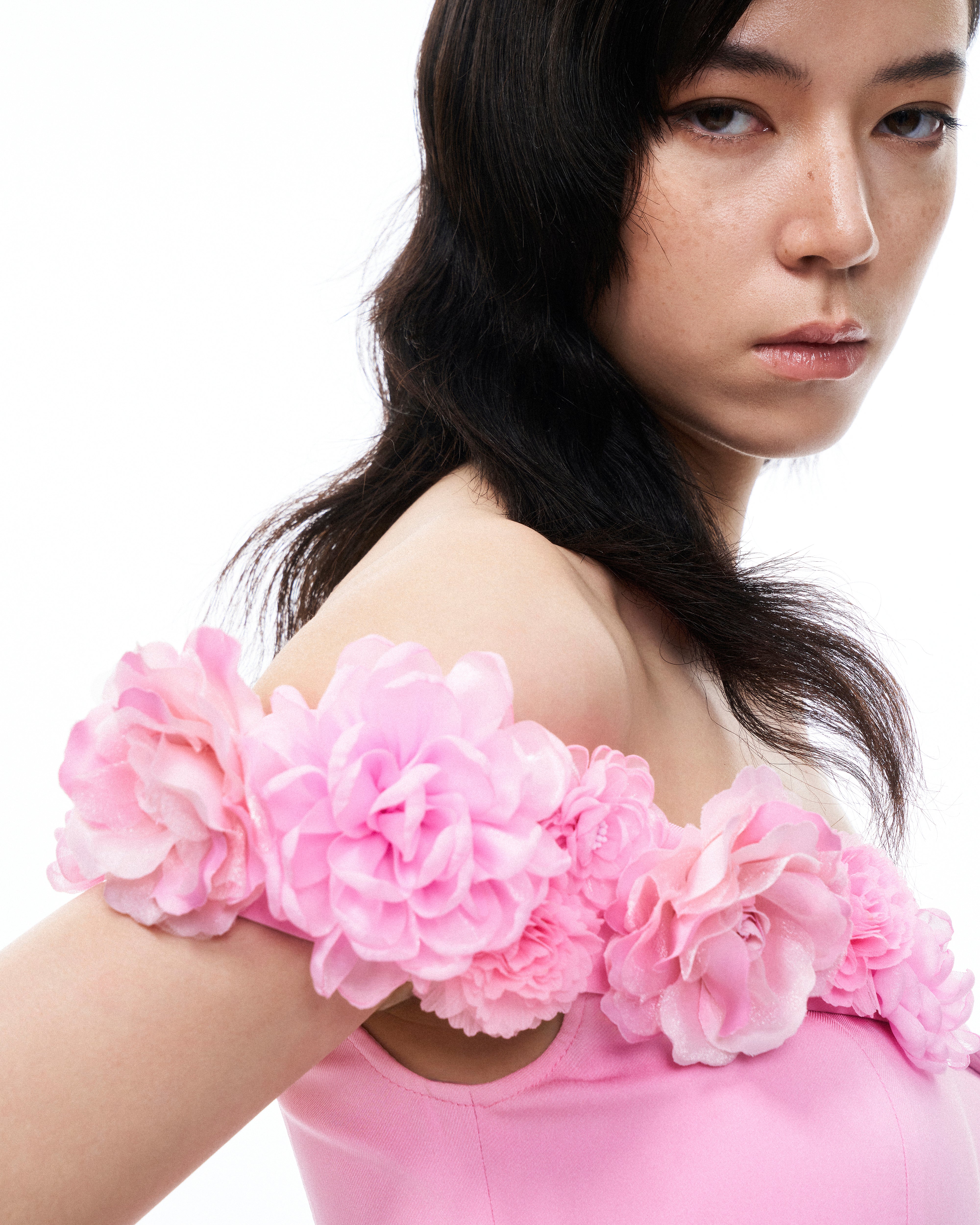Aurelius Wrap-Around Shoulder 3D Floral Mini Dress - Pink | JW PEI
