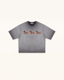 Triple Dachshund Embroidered Boxy Tee - Washed Grey