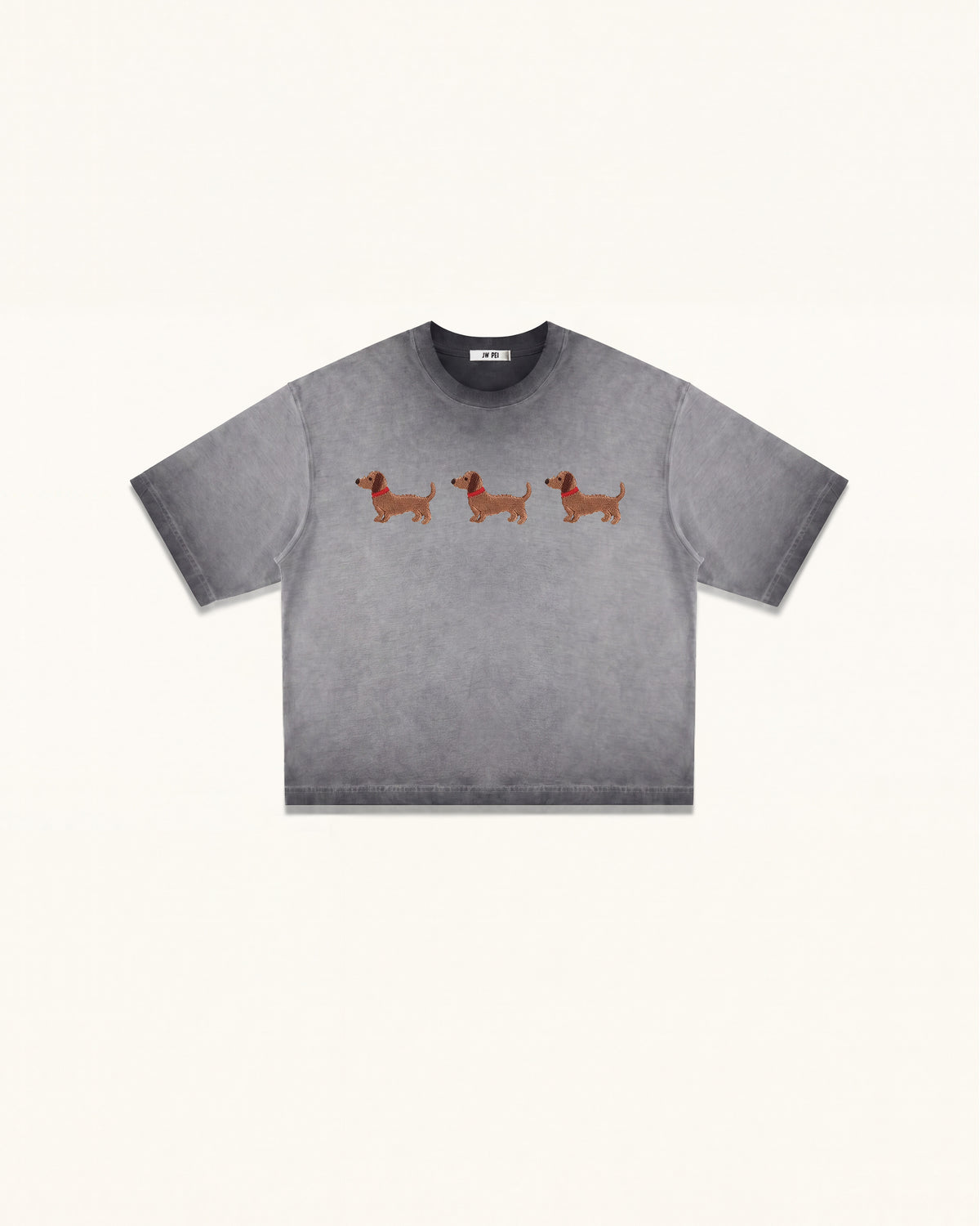 Triple Dachshund Embroidered Boxy Tee - Washed Grey