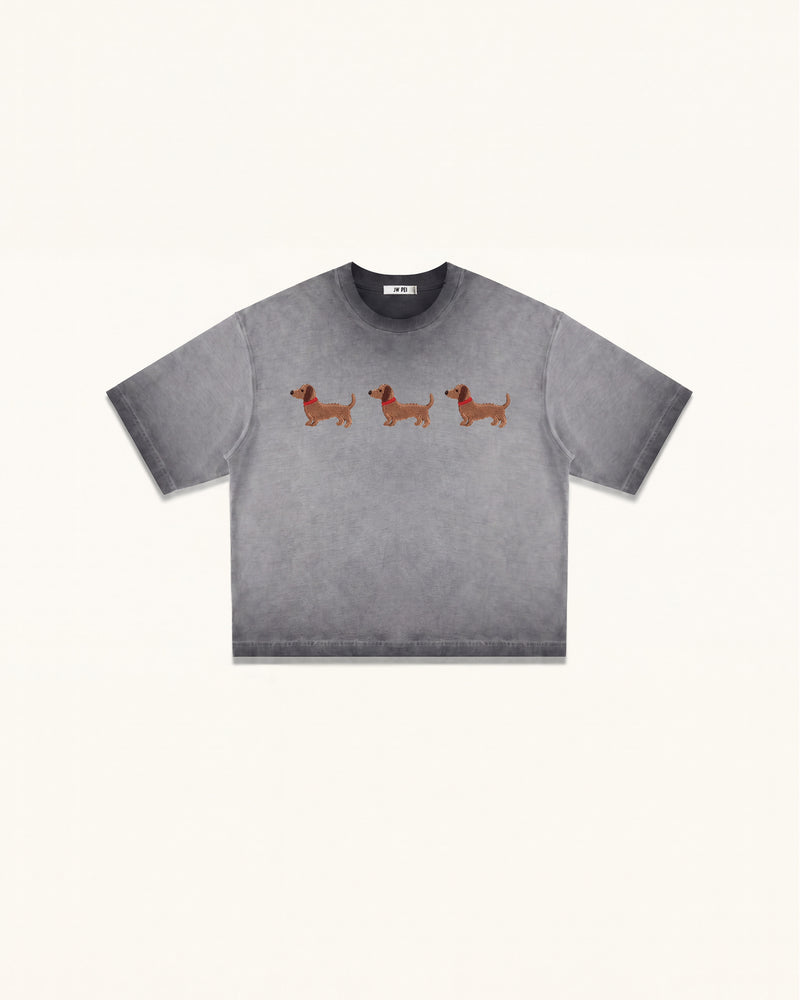 Triple Dachshund Embroidered Boxy Tee - Washed Grey