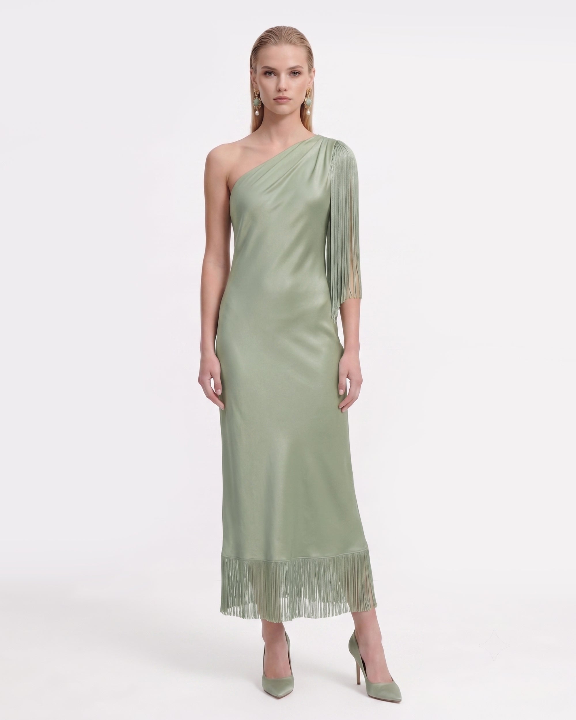 One Shoulder Fringe Midi Dress - Sage Green