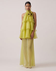 Poppy Embroidered Halter Tiered Ruffle Maxi Dress - Lime Green
